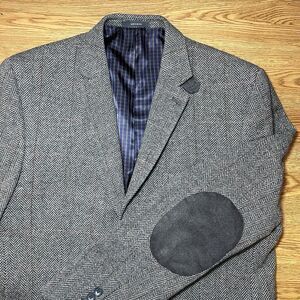 Joe Joseph Abboud Mens 44L Brown Herringbone Wool Sport Coat Blazer Elbow Patch